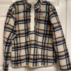 Vineyard Vines Cream and Navy Checkered Plaid Fleece Jacket